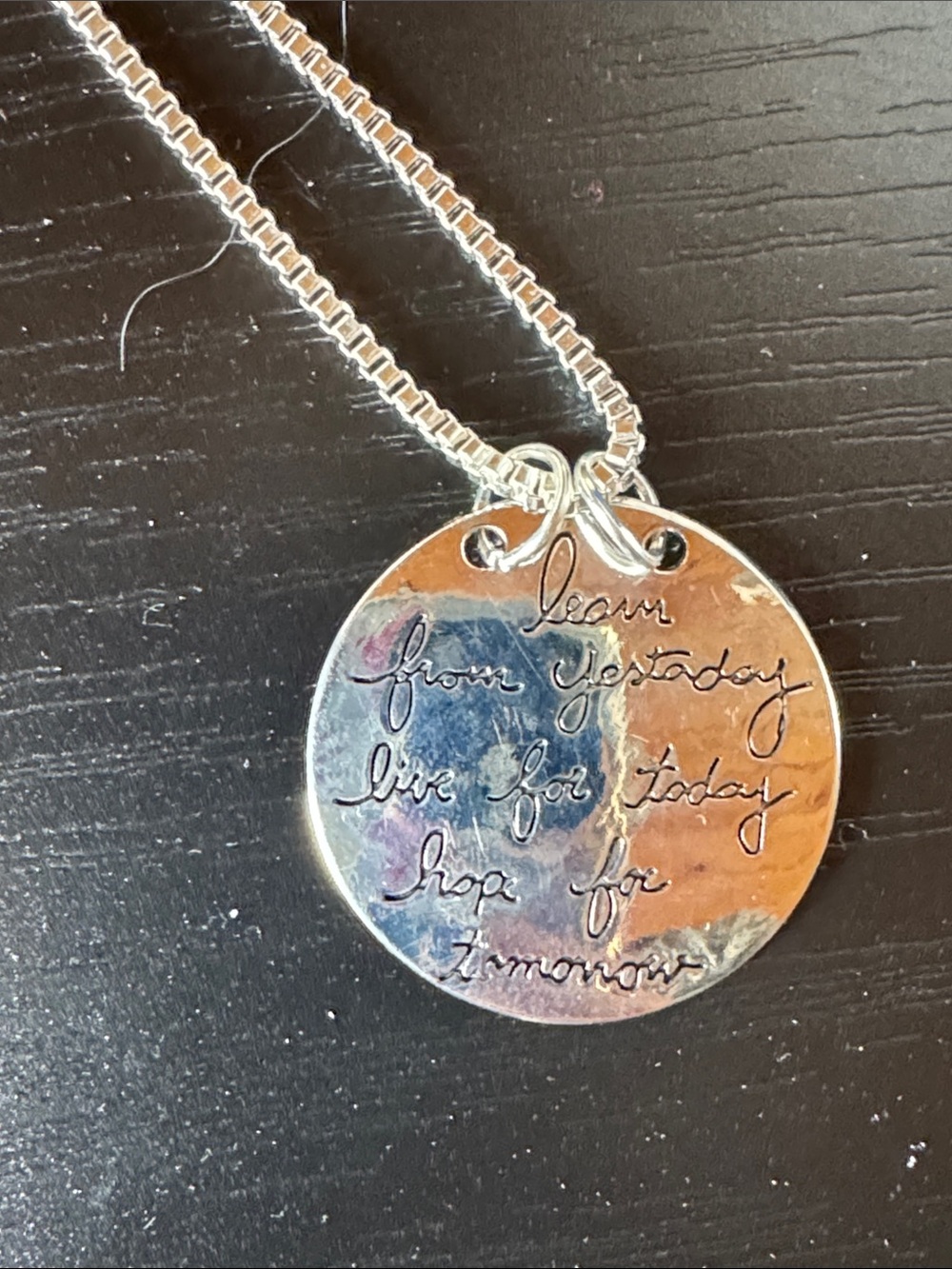 Inspirational Silver Tone Round Pendant Necklace - "Learn from Yesterday"